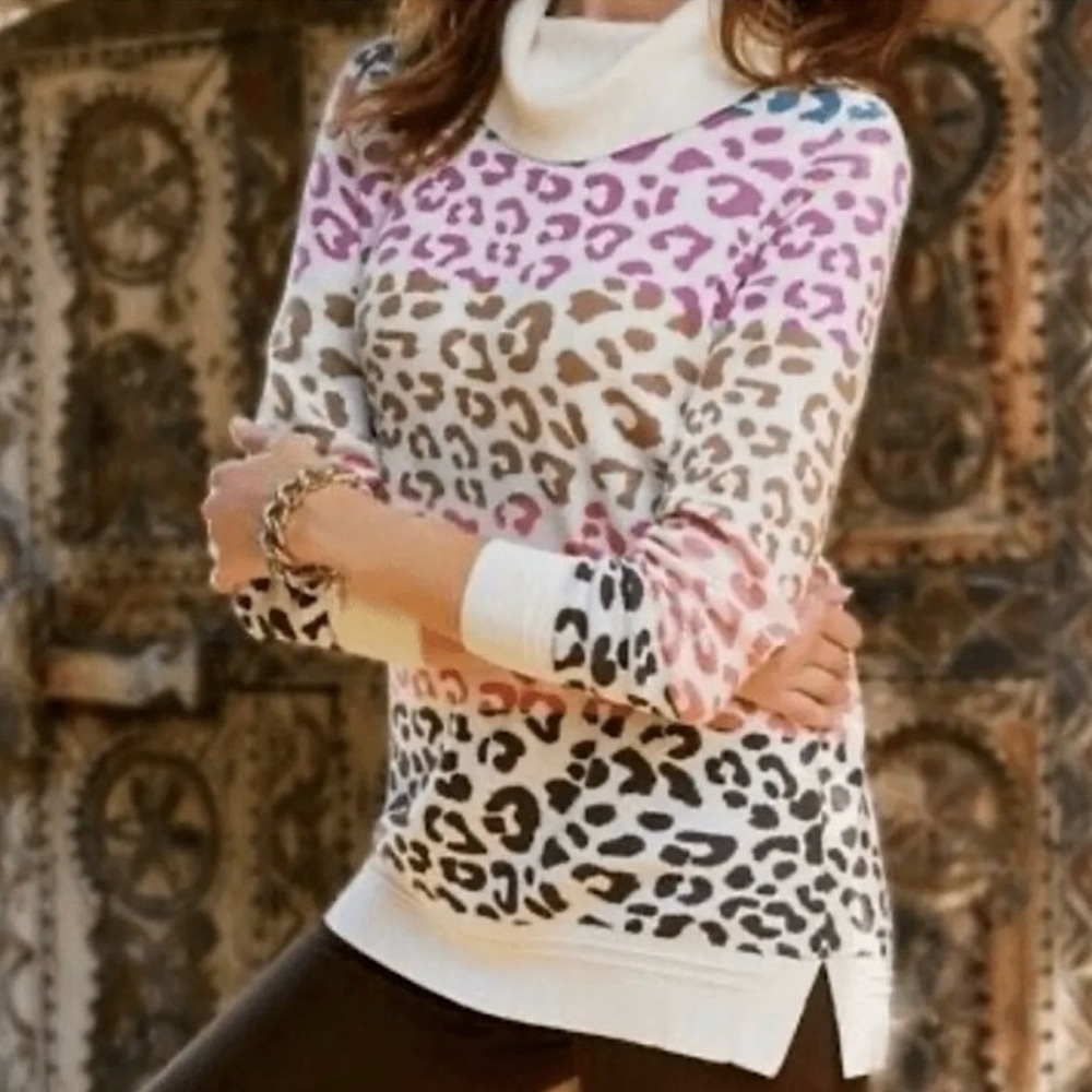 Soft Surroundings Women’s Leone Rainbow Leopard Print Mock Neck‎ Sweater Size XL